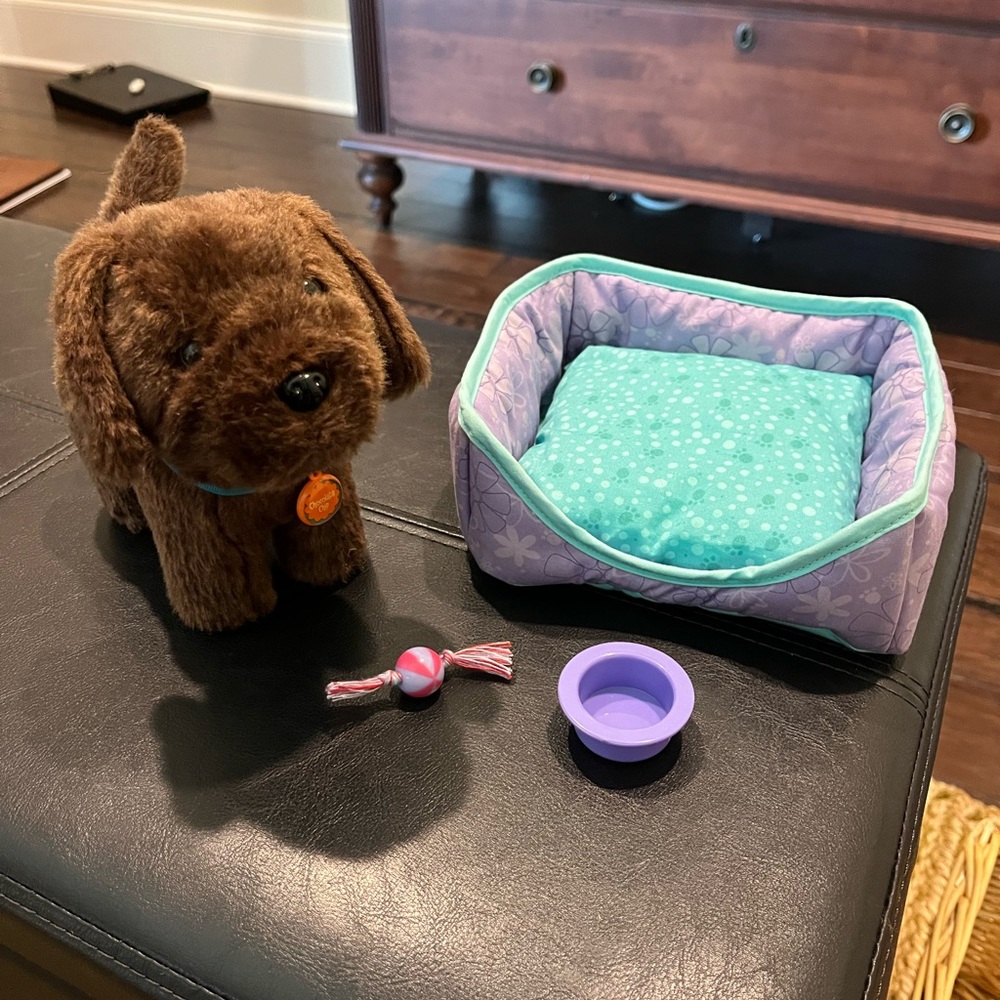 American Girl Chocolate Chip lab pup with dog bed, water bowl and toy
